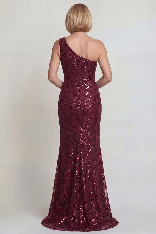 Robe de mariée une épaule bordeaux étincelante avec paillettes