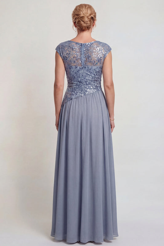 Robe de mère de la mariée trapèze gris bleu scintillant avec applications et fente