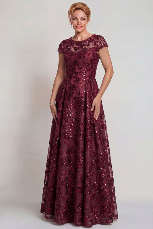 Robe de mère de la mariée trapèze bordeaux scintillante avec appliqués