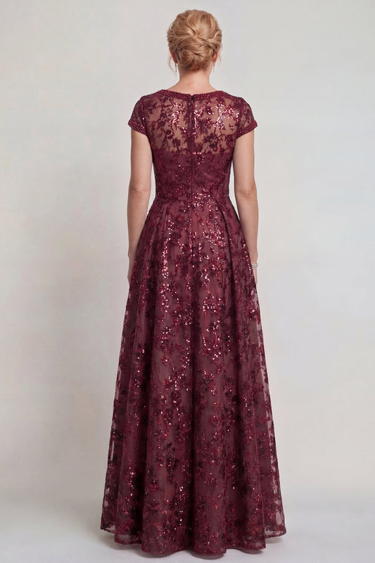 Robe de mère de la mariée trapèze bordeaux scintillante avec appliqués