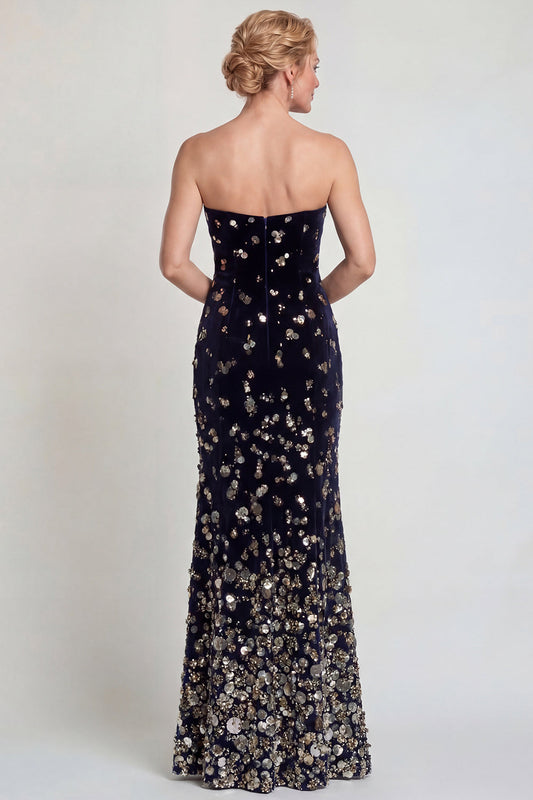 Robe de sirène bustier noire et argentée scintillante pour la mère de la mariée avec des paillettes