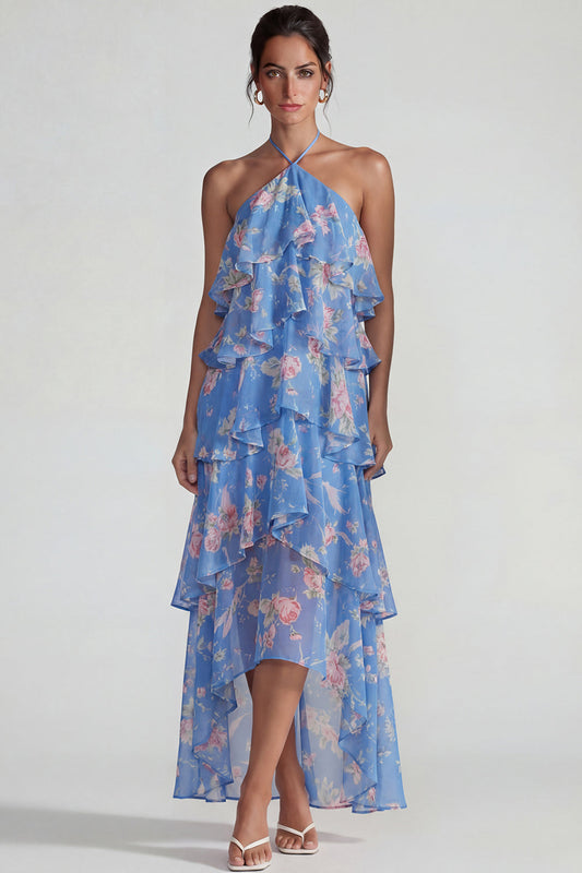Blue Pink Printed Flower Halter Tiered Chiffon A-Line Midi Dress with Ruffles