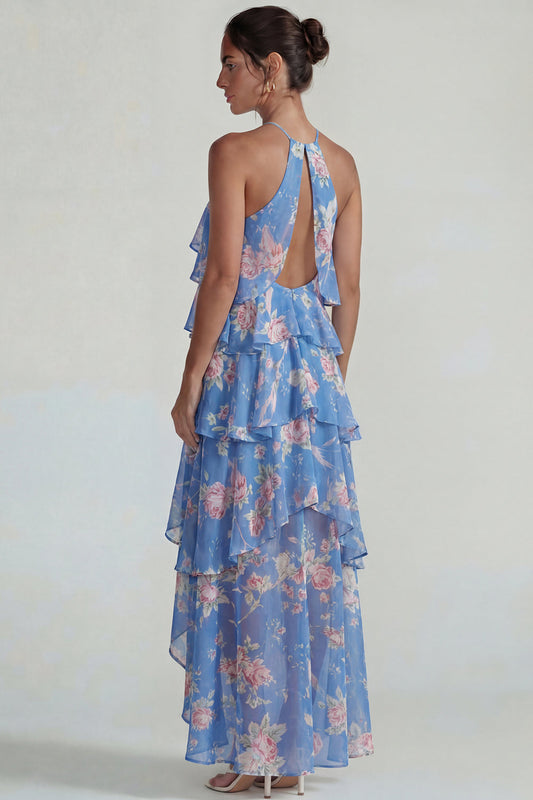 Blue Pink Printed Flower Halter Tiered Chiffon A-Line Midi Dress with Ruffles