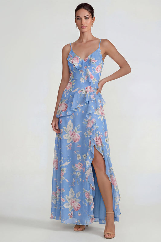 Blue Ruffled Pink Floral Chiffon A-Line Midi Dress with Slit