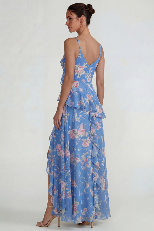 Blue Ruffled Pink Floral Chiffon A-Line Midi Dress with Slit