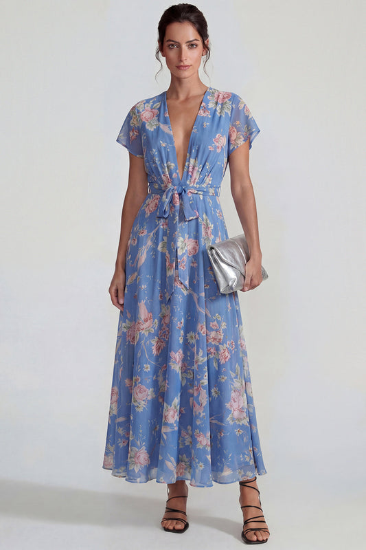 Vestido Midi Escote V Profundo Floral Chiffon A Line con Lazos