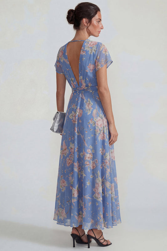 Vestido Midi Escote V Profundo Floral Chiffon A Line con Lazos