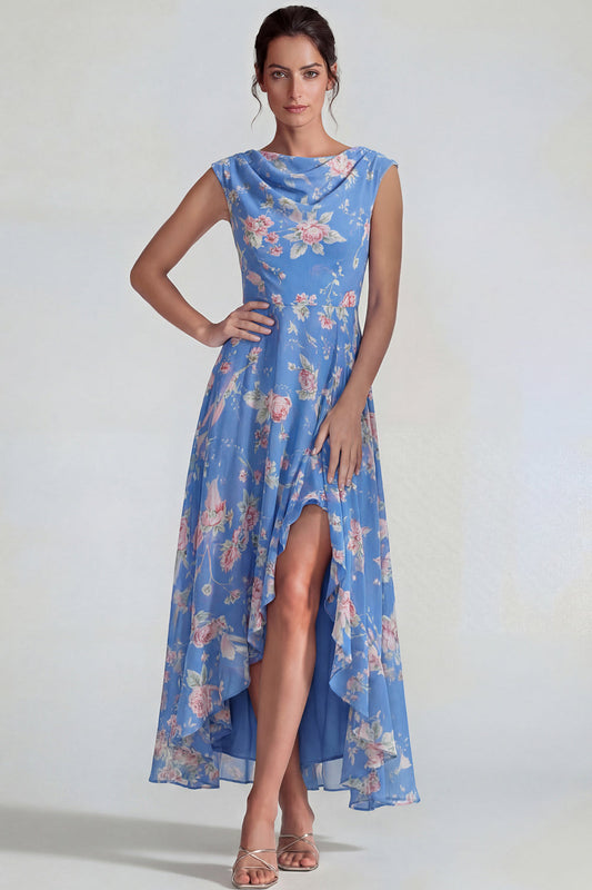 Blue Pink Floral Chiffon Ruffled A Line Midi Dress with Slit