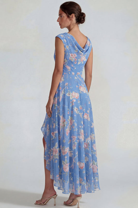 Blue Pink Floral Chiffon Ruffled A Line Midi Dress with Slit