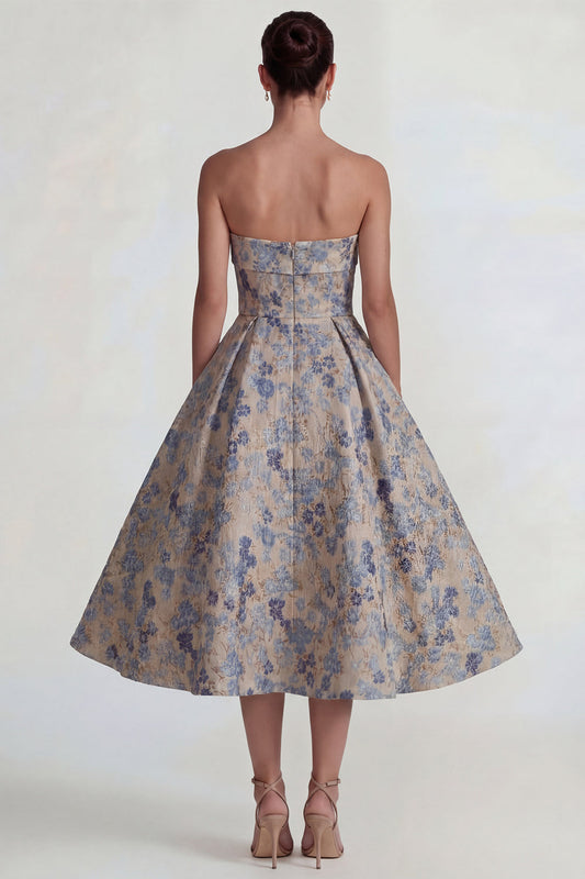 Grey Blue Jacquard Strapless A-Line Midi Dress with Back Zipper