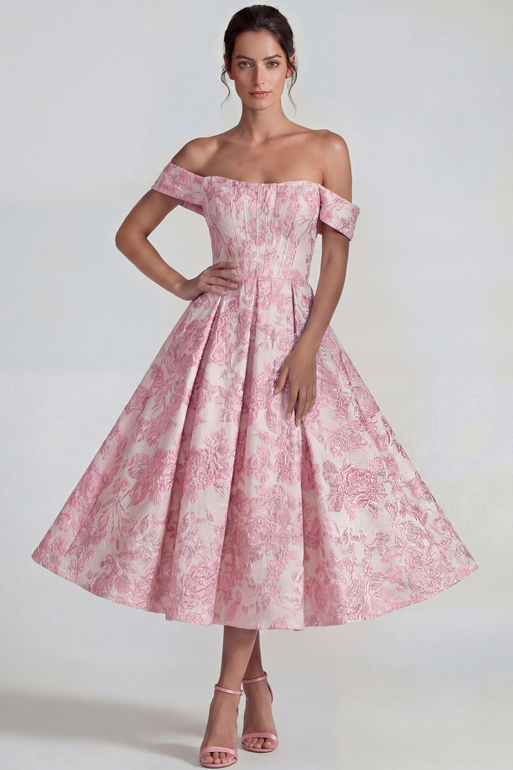 Pink Jacquard Off-the-Shoulder Corset A-Line Midi Dress