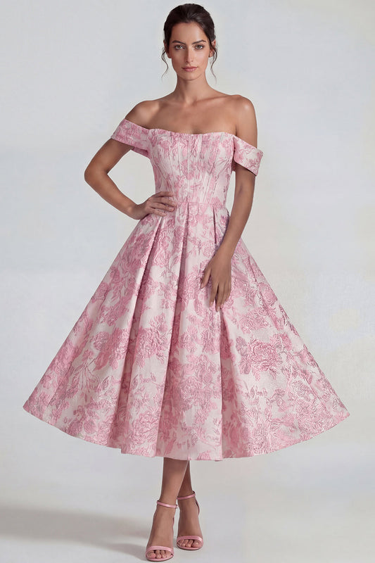 Pink Jacquard Off the Shoulder Corset A Line Midi Dress