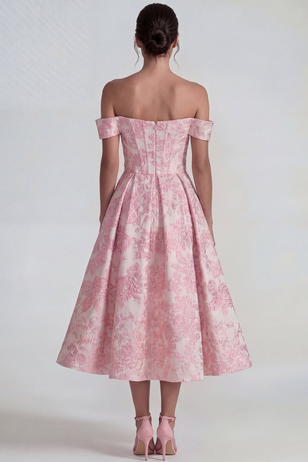 Pink Jacquard Off-the-Shoulder Corset A-Line Midi Dress