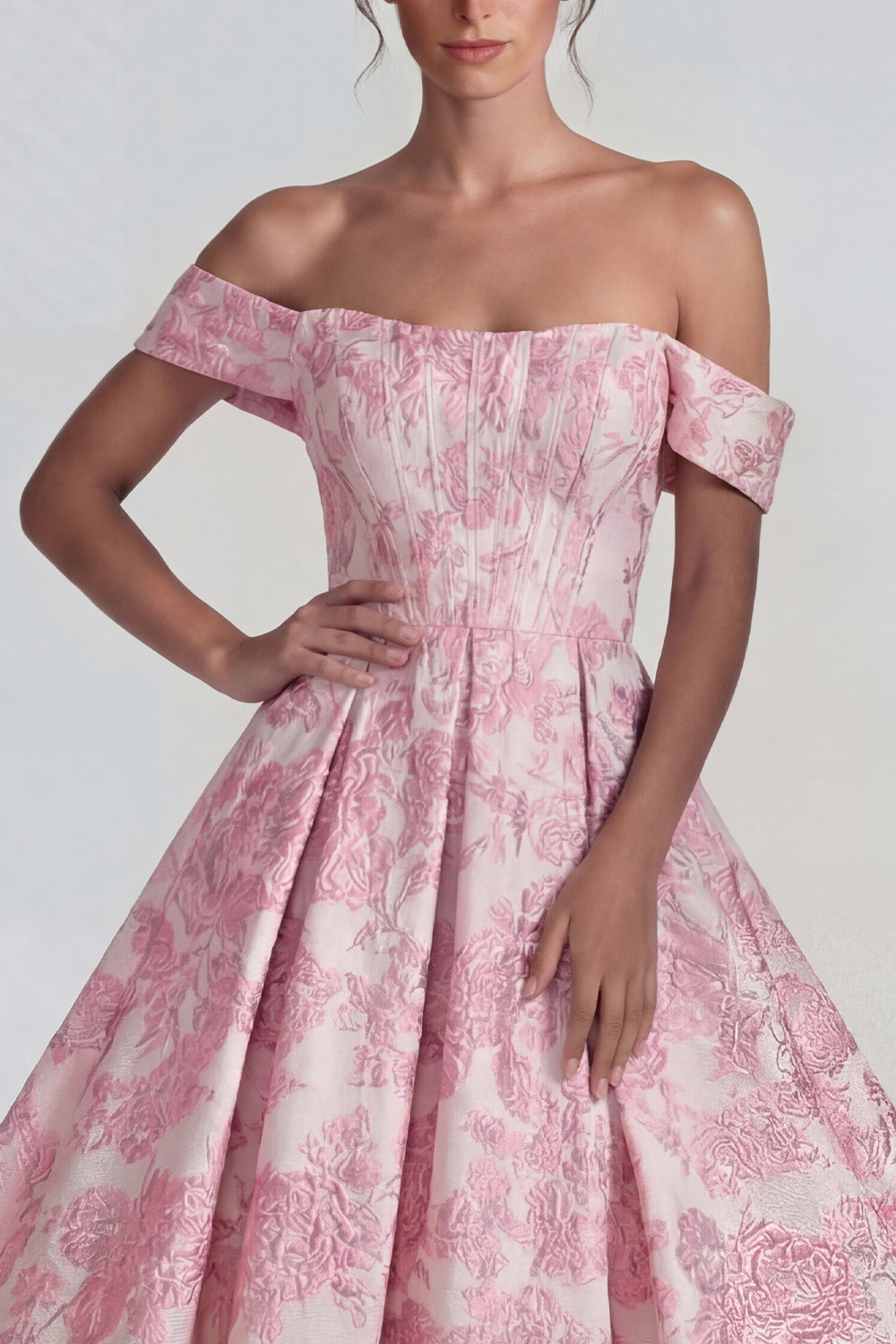 Pink Jacquard Off-the-Shoulder Corset A-Line Midi Dress