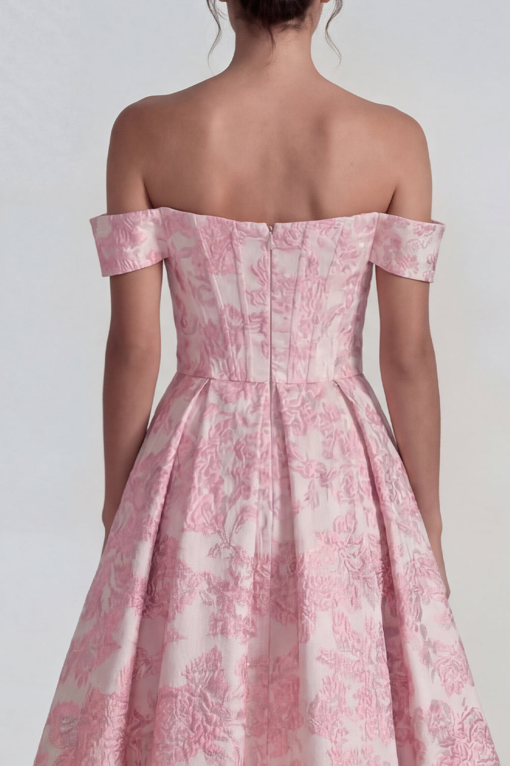 Pink Jacquard Off-the-Shoulder Corset A-Line Midi Dress