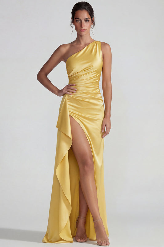 Yellow One Shoulder Ruffled Satin Ruched Sheath Long Formal Dress with Slit