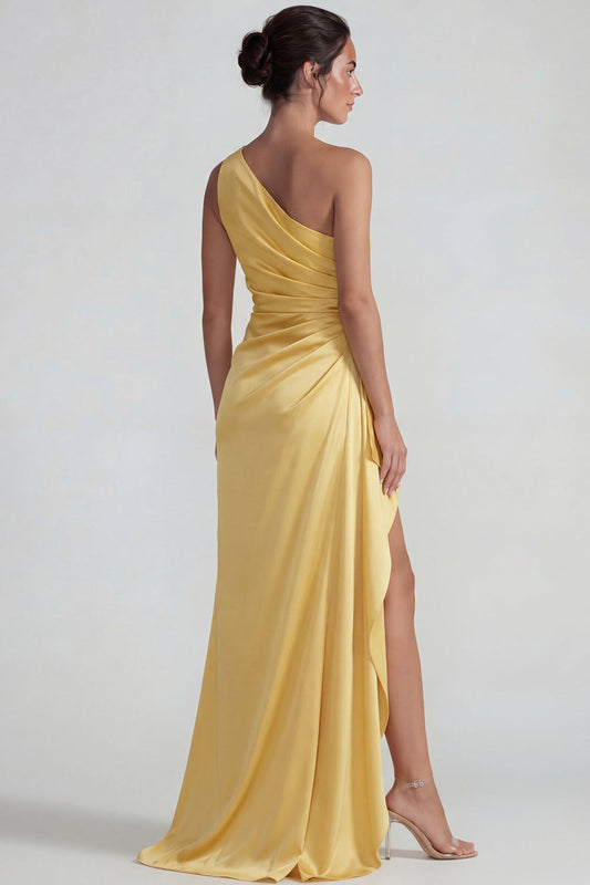 Yellow One Shoulder Ruffled Satin Ruched Sheath Long Formal Dress with Slit