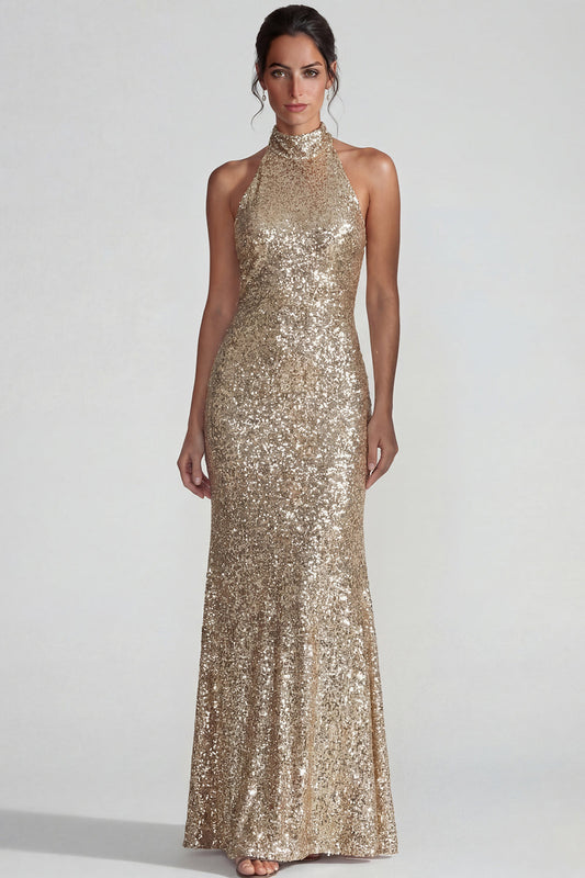 Sparkly Golden Halter Sequin Sheath Long Formal Dress