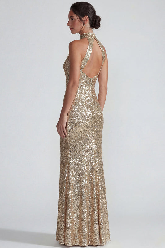 Sparkly Golden Halter Sequin Sheath Long Formal Dress