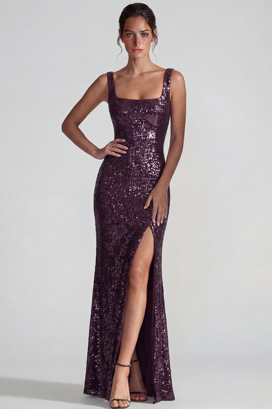 Robe de Soirée Longue Fourreau à Paillettes Violet Foncé Col Carré avec Fente