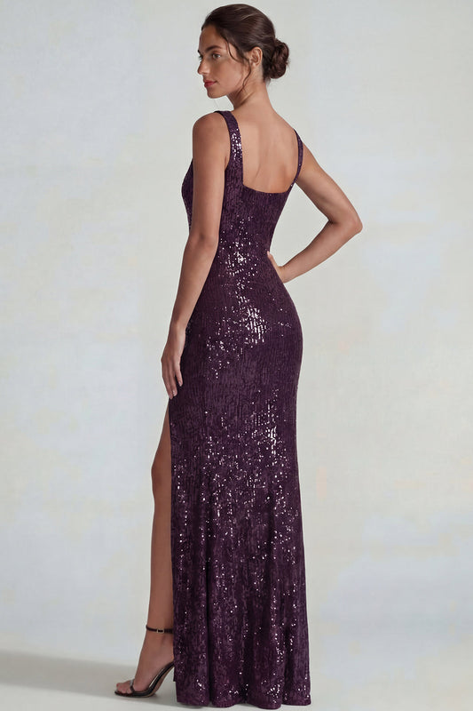 Robe de Soirée Longue Fourreau à Paillettes Violet Foncé Col Carré avec Fente
