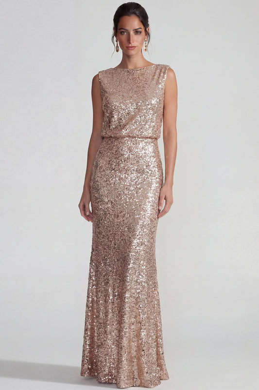 Robe de soirée longue fourreau à encolure bateau, dos nu, à sequins couleur champagne