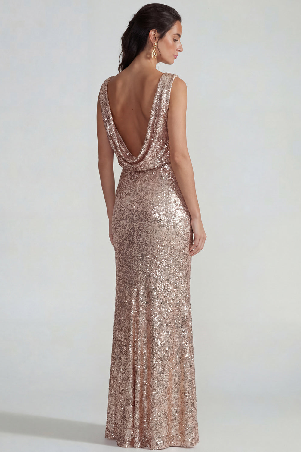 Champagne Sequins Boat Neck Sheath Long Formal Dress with Backless