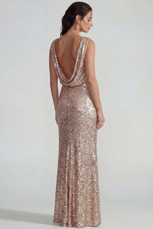 Robe de soirée longue fourreau à encolure bateau, dos nu, à sequins couleur champagne