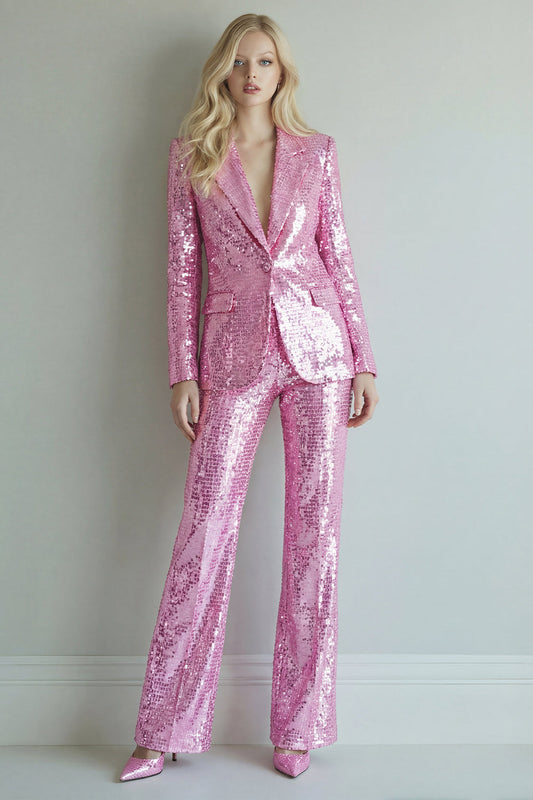 Sparkly Pink 2 Piece Notched Lapel Singel Breasted Women's Prom Suits