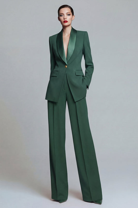 Tailleur pantalon femme 2 pièces vert foncé à revers châle avec poches