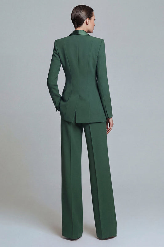 Tailleur pantalon femme 2 pièces vert foncé à revers châle avec poches