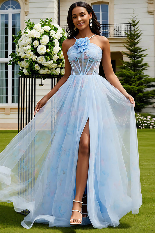 Light Blue Floral A-Line Lace-Up Back Corset Long Prom Dress with Slit