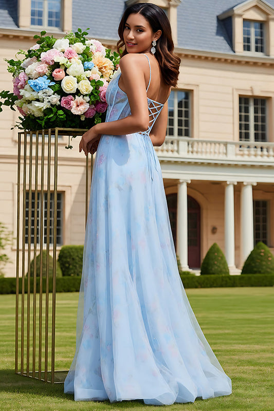 Light Blue Floral A-Line Lace-Up Back Corset Long Prom Dress with Slit