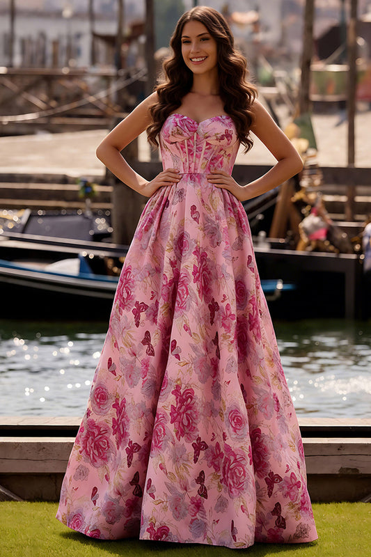 Robe de bal longue en satin floral coupe trapèze avec corset bustier fuchsia