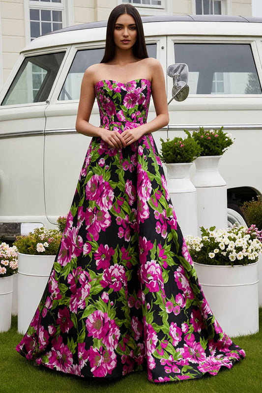 Robe de bal longue en satin bustier coupe trapèze fleur fuchsia noire