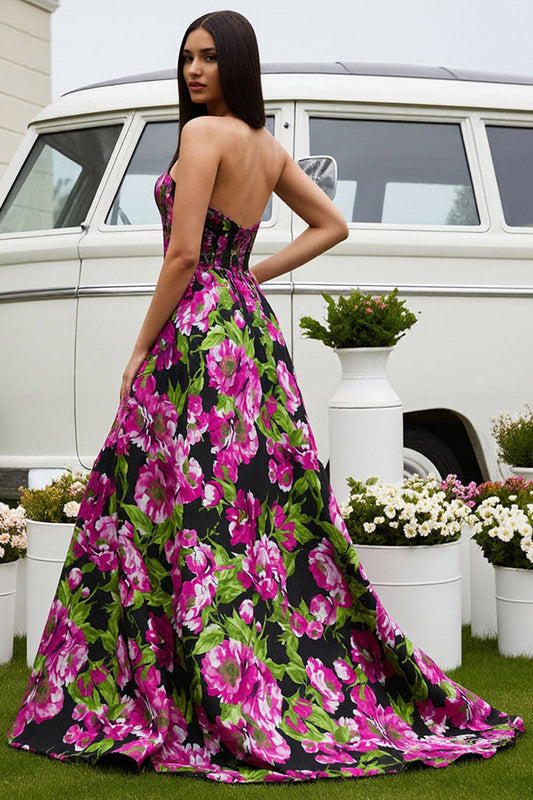 Robe de bal longue en satin bustier coupe trapèze fleur fuchsia noire