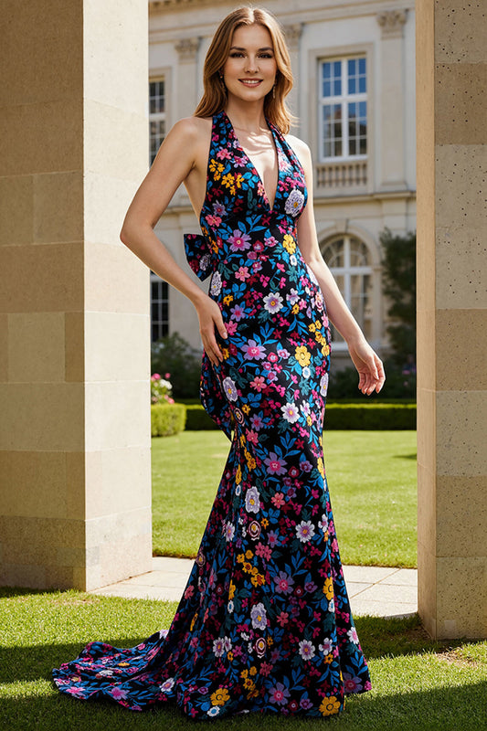 Robe de bal longue sirène dos nu noire avec nœud et motif floral