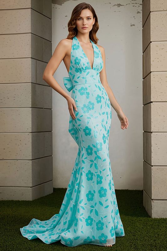 Robe de bal longue sirène verte à bretelles imprimées avec nœud