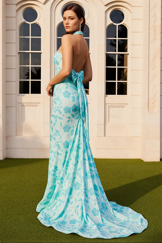 Robe de bal longue sirène verte à bretelles imprimées avec nœud