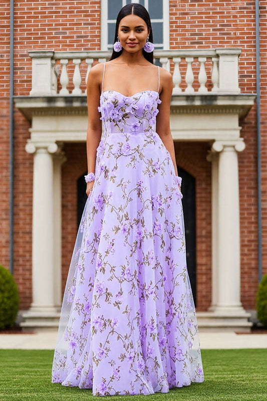 Robe de bal longue en trapèze lilas à bretelles spaghetti avec fleurs 3D