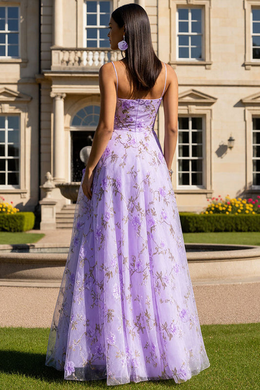 Robe de bal longue en trapèze lilas à bretelles spaghetti avec fleurs 3D