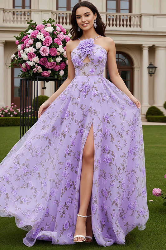 Robe de bal longue en lilas trapèze dos nu avec découpes et fleurs 3D, fendue
