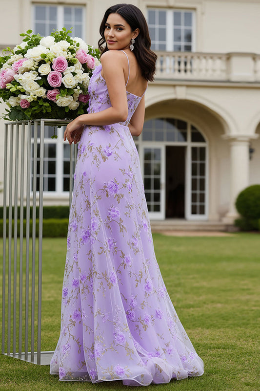Robe de bal longue en lilas trapèze dos nu avec découpes et fleurs 3D, fendue
