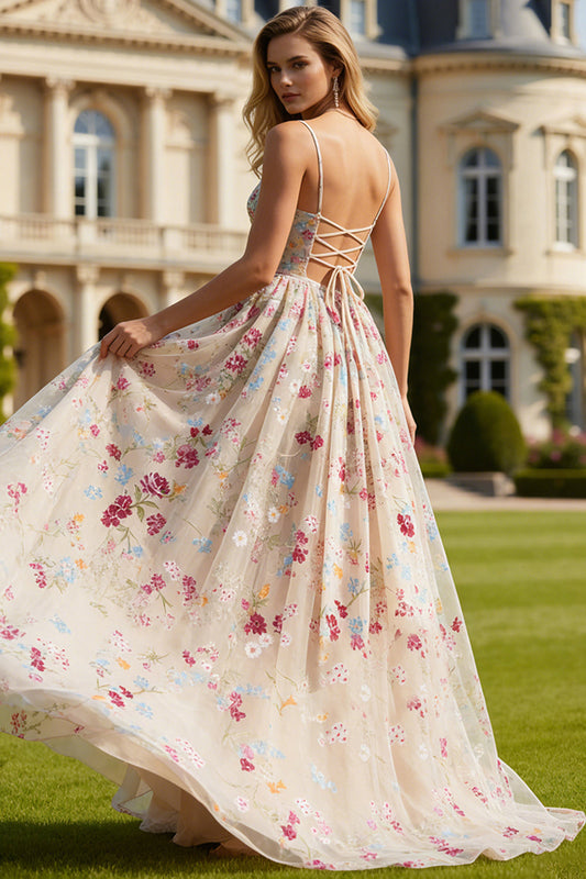 Robe de bal longue en dentelle à laçage au dos coupe A avec corset, fleur d'ivoire et nœud