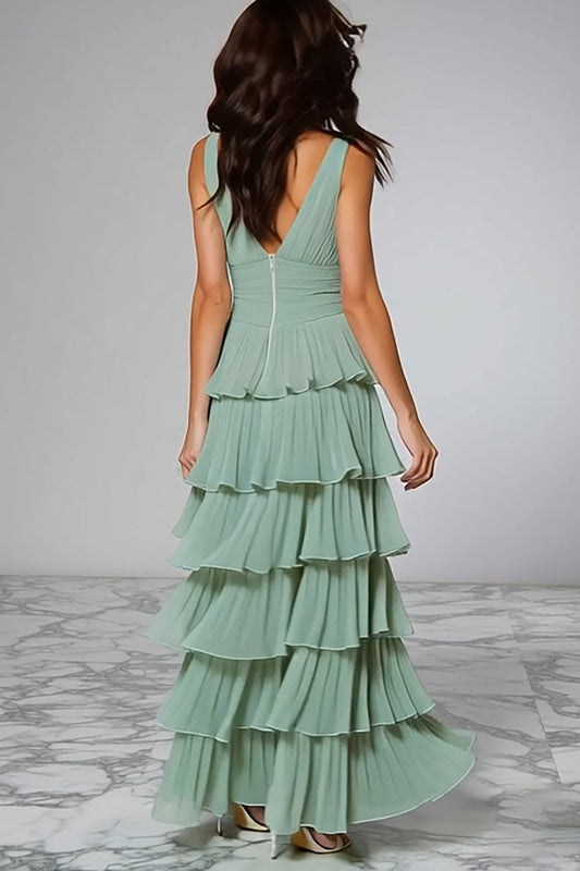 Robe longue de demoiselle d'honneur trapèze en mousseline volantée vert clair