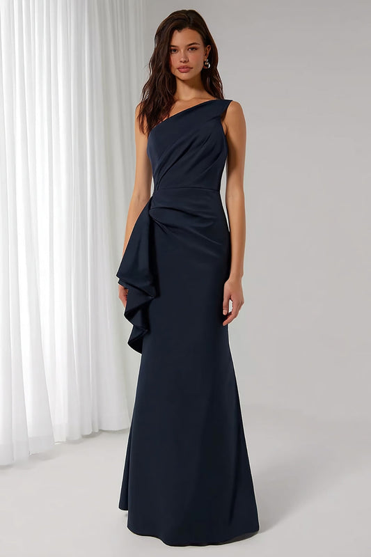 Navy One-Shoulder Mermaid Long Bridesmaid Dress with Sash