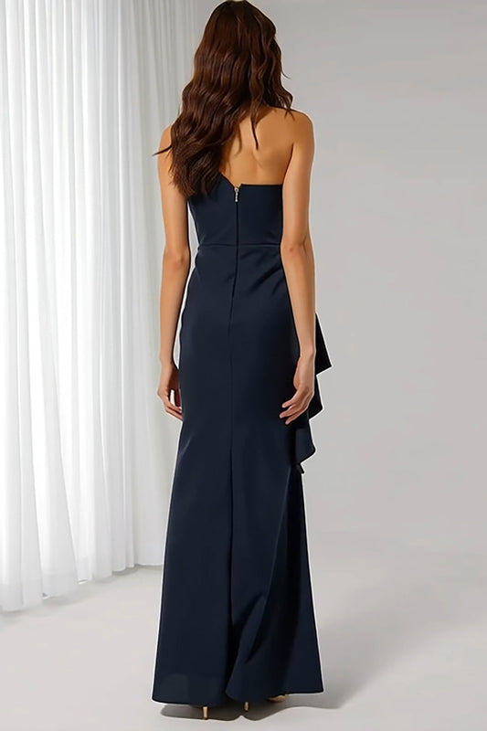 Navy One-Shoulder Mermaid Long Bridesmaid Dress with Sash