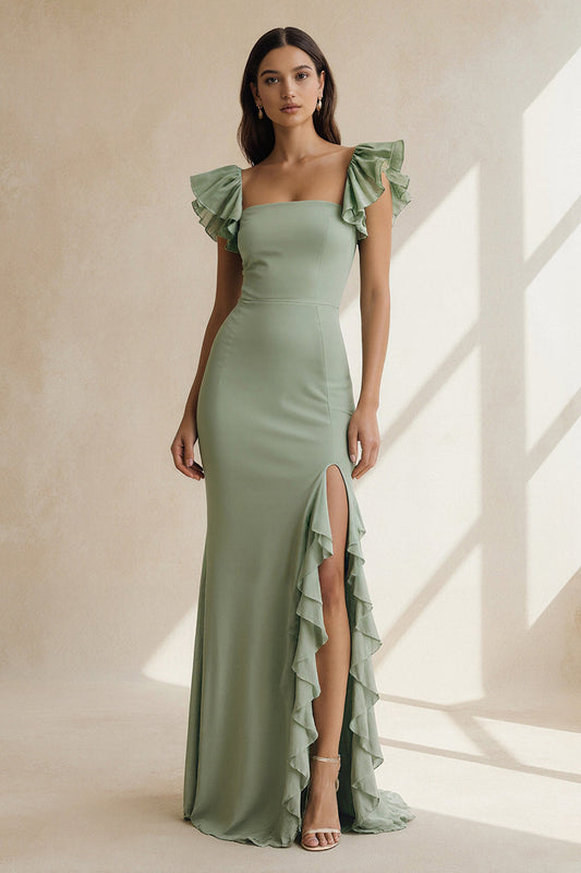 Robe de demoiselle d'honneur longue fourreau à volants et col carré Dusty Sage avec fente