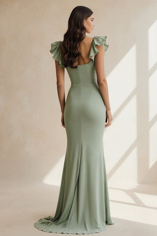 Robe de demoiselle d'honneur longue fourreau à volants et col carré Dusty Sage avec fente