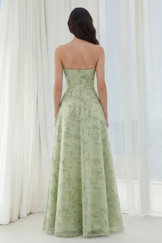 Robe longue de demoiselle d'honneur trapèze bustier florale sauge poussiéreuse